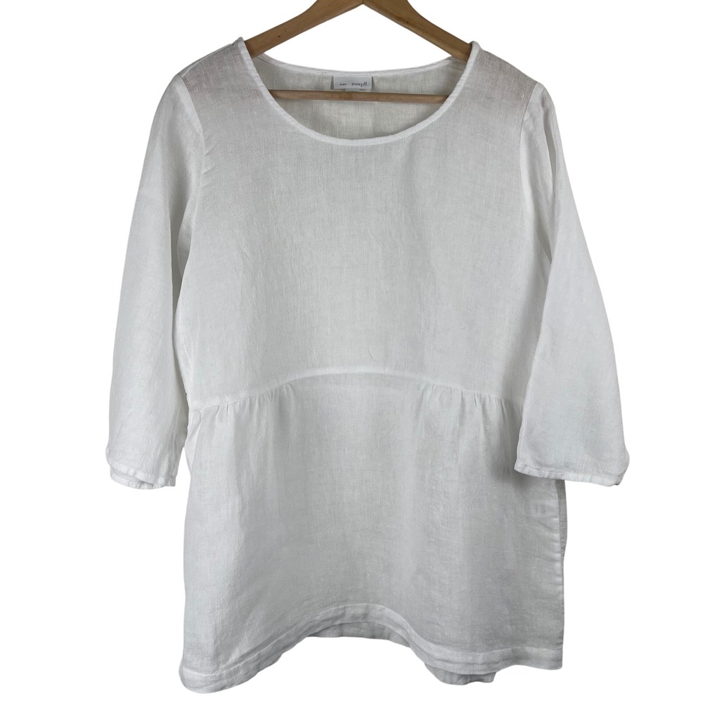 Pure Jill White Linen Blend Empire Waist Tunic 3/4 Sleeve Top Babydoll Womens M